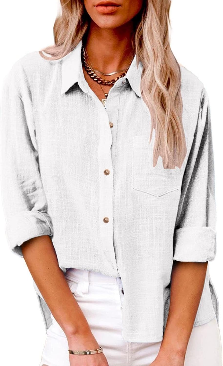 Linen Shirts for Women Button Down Plain T-Shirts Long Sleeve Collared Casual Blouses Dressy Work Tops with Pockets