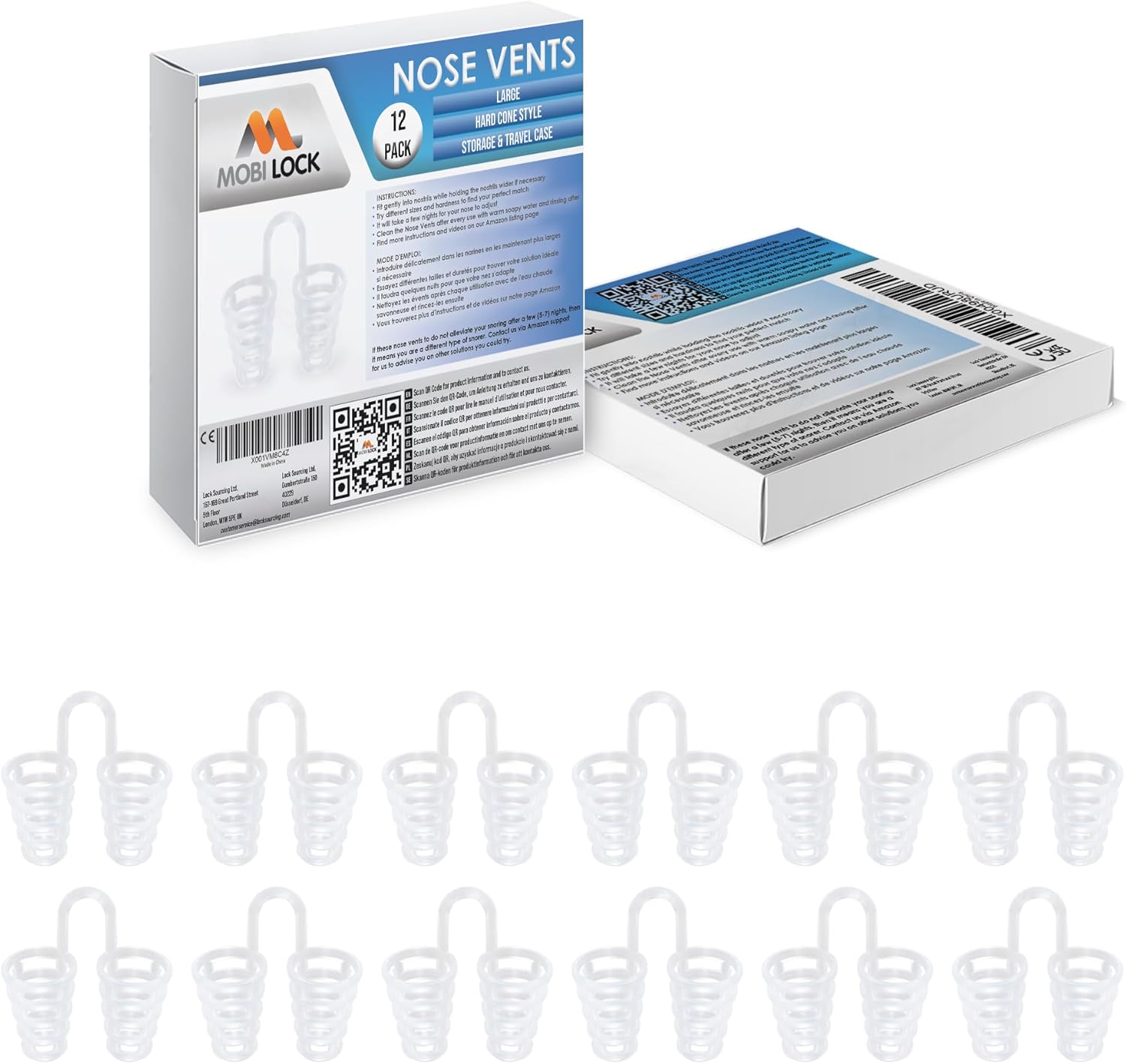 Nose Vent Sinus Relief Dilator (Pack of 12 Large Size) Hard Silicone Vents - A Simple Solution for Nasal Snorers - Reusable Snoring Device to Enjoy a Peaceful Night's Sleep - by Mobi Lock