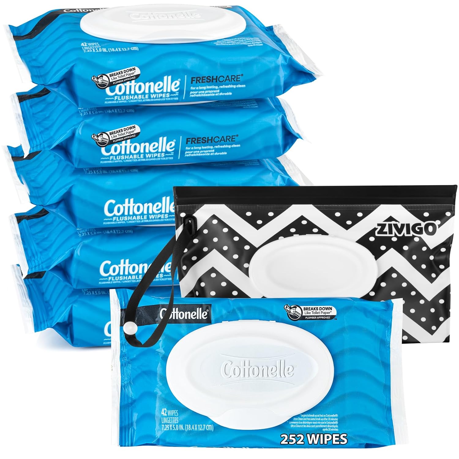 Cottonele Flushable Wet Wipes for Adult, Fresh Care Flip-Top Packs 42 Ct (Pack of 6), Bundle with Zivigo-Travel Case Resealable and Refillable with Strap