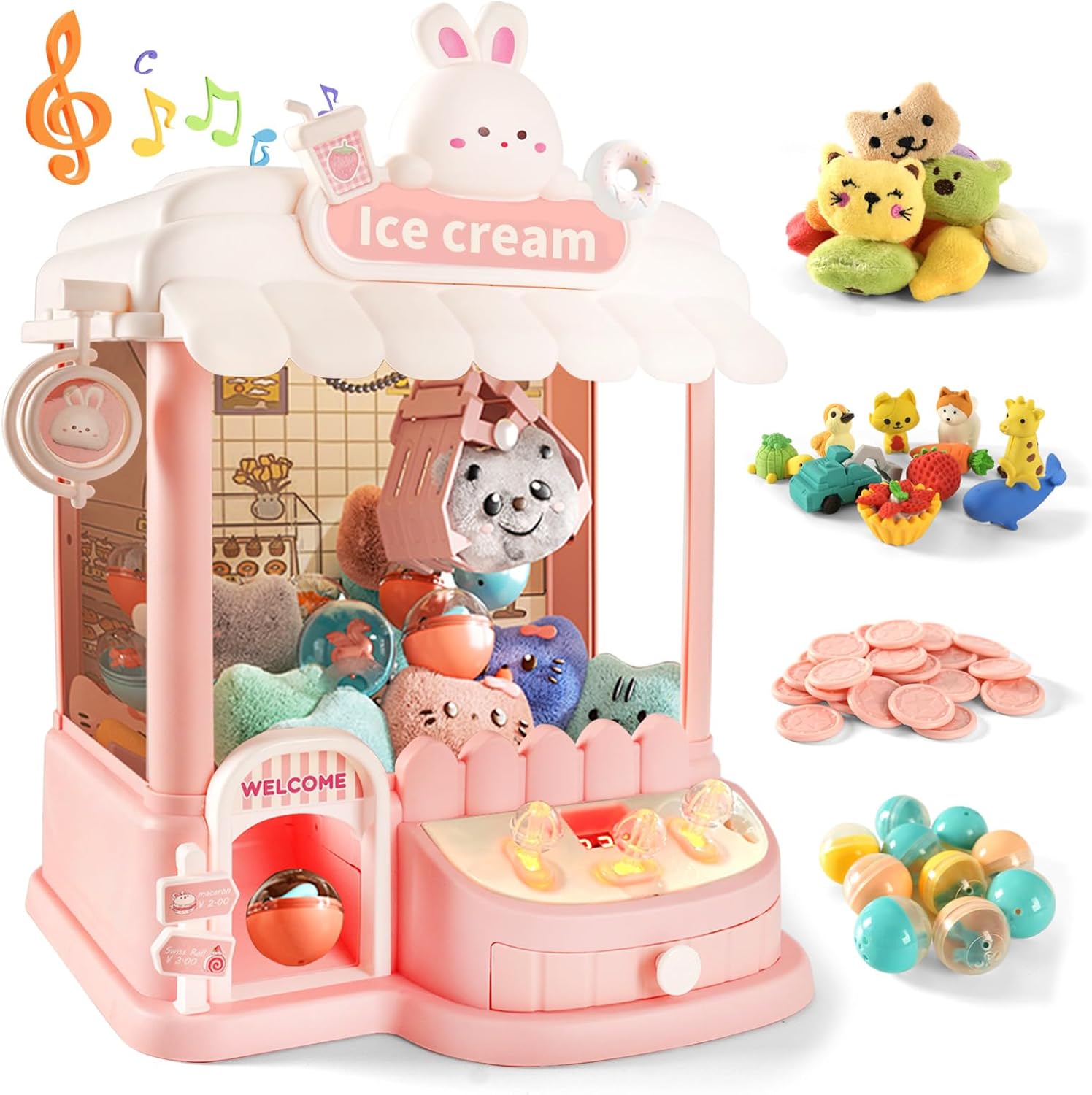 Large Claw Machine for Kids & Adults, Mini Vending Machine with Fun Toys, Candy Dispenser Machine, Arcade Games Prize Dispenser with Music Light, Birthday Gifts for Girls and Boys (Pink Bunny)