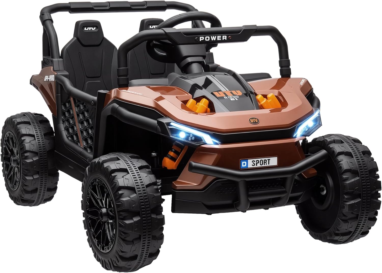 AIYAPLAY Kids Ride on Car, 12V Battery Powered Electric Truck with Remote Control, 4 Suspension Wheels, Horn, Lights, Music, USB, for Ages 3-5 Years, Brown