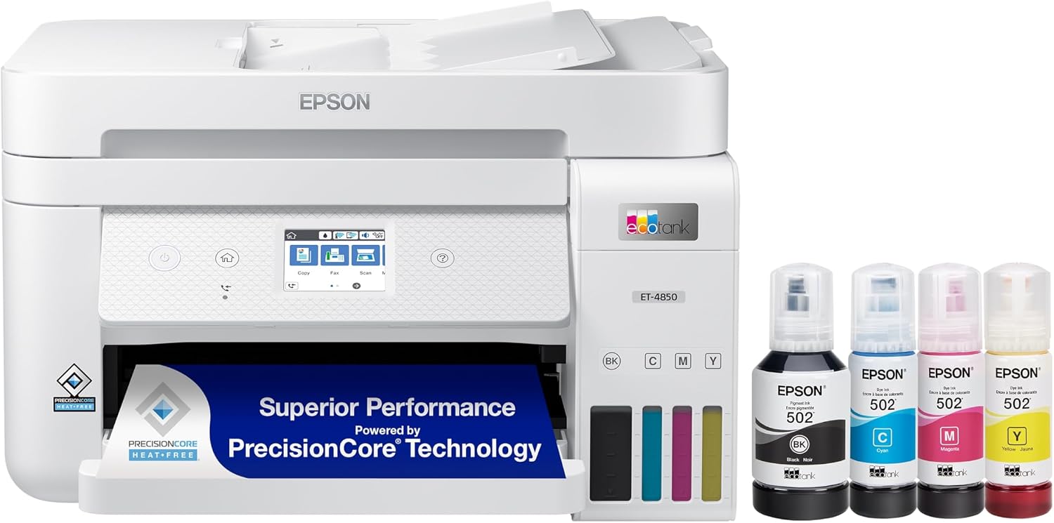 Epson EcoTank ET-4850 Wireless Color All-in-One Supertank Printer - Black | Cartridge-free print, scan, copy, fax; up to 15.5 ppm, ADF, auto 2-sided; ideal for home and small offices