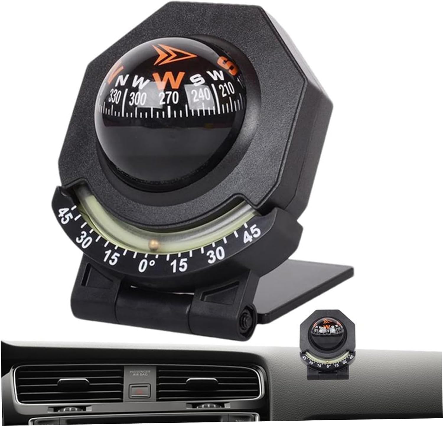 Car Compass Dashboard 2-in-1 180° Adjustable Folding Marine Compass with Luminous Inclinometer, Adhesive Tape for Boat Car Vehicle Navigation, Dashboard, Compa
