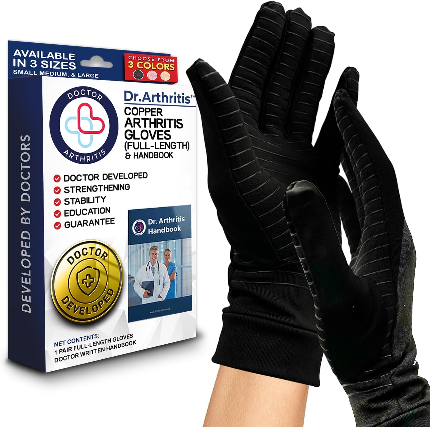 Doctor Developed Full Length Arthritis Gloves, Copper Gloves/Compression Gloves and Handbook - Relief from Joint Symptoms, Raynauds Disease, Carpal Tunnel (S Pair)