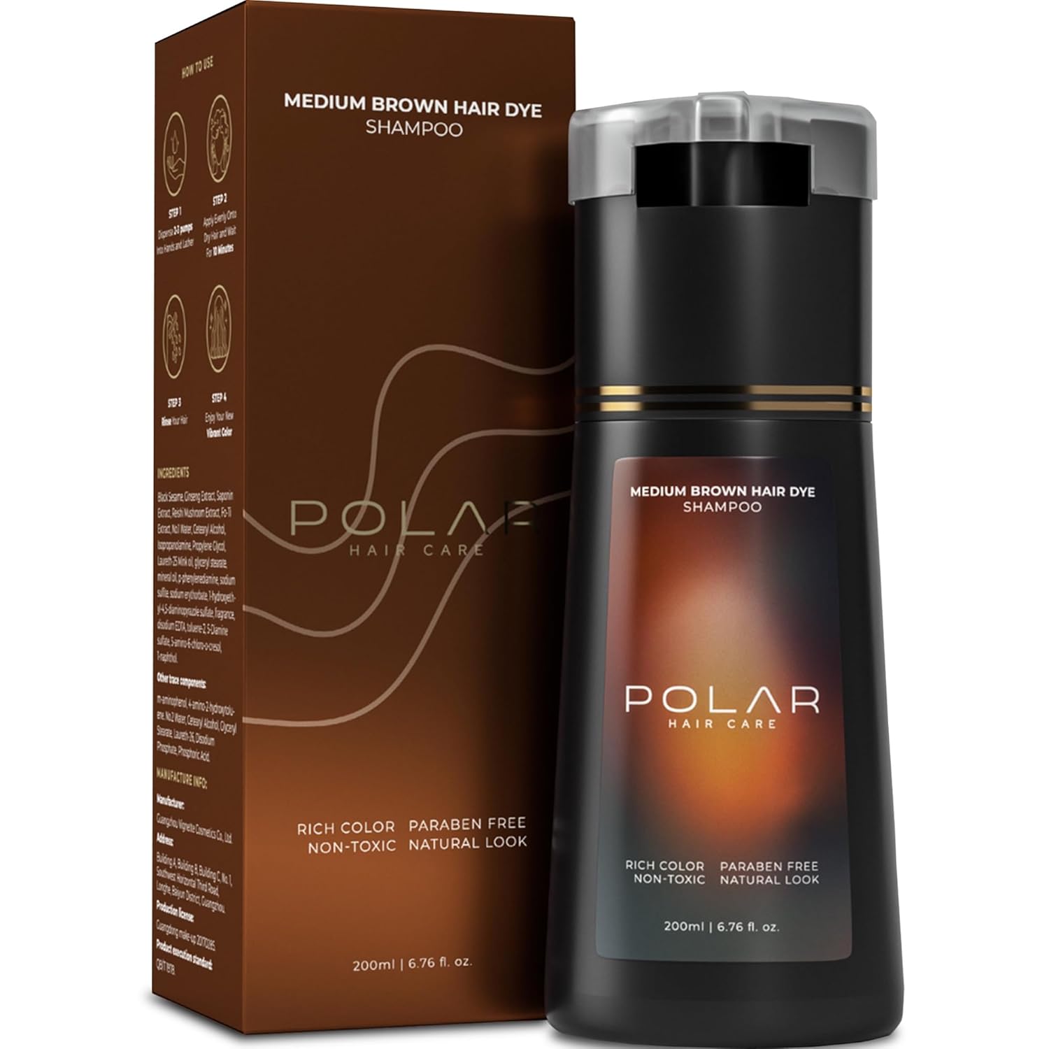 Polar Haircare - Medium Brown Hair Color Shampoo Hair Dye Shampoo for Women & Men - Natural Semi Permanent Medium Brown Dye for Gray Coverage, Fast Acting Vegan Coverage - Instant Results 6.76 Fl Oz