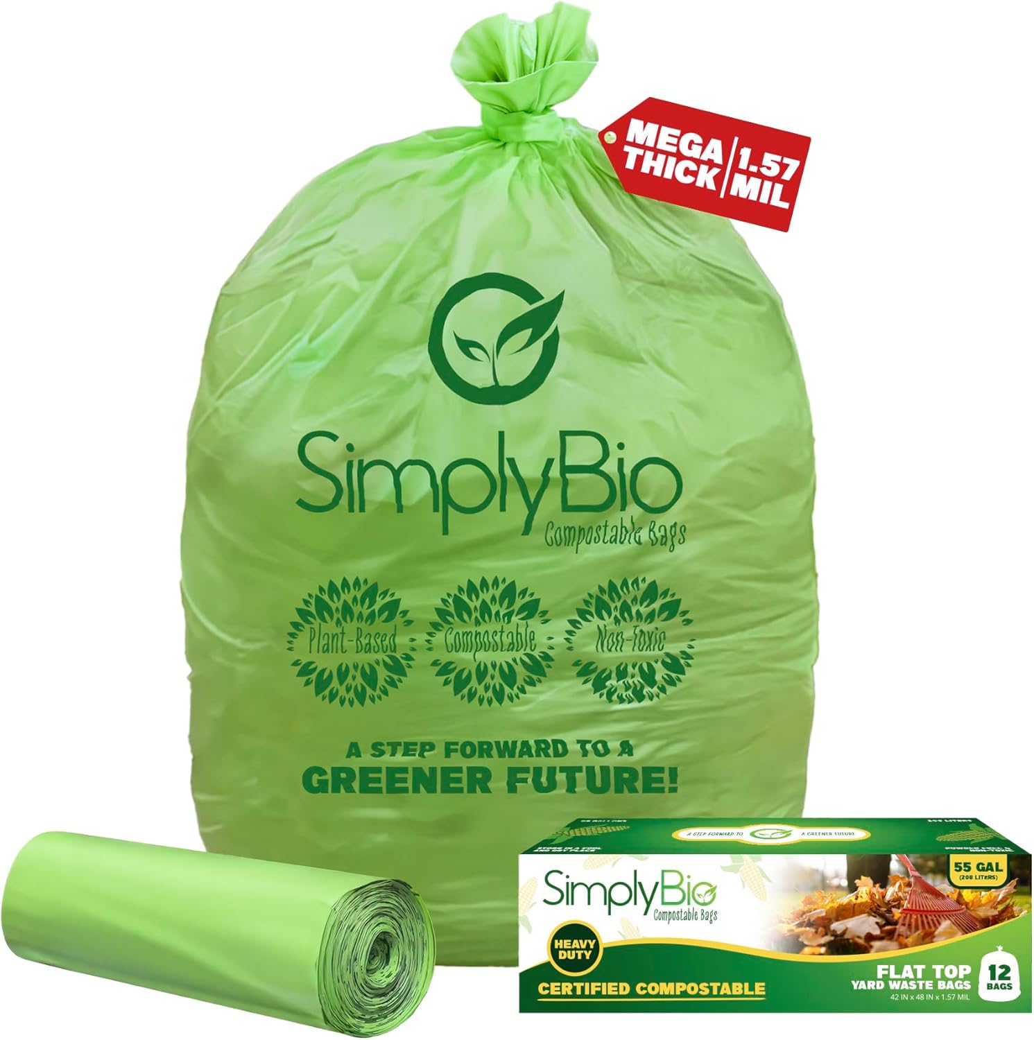 50-55 Gallon Compostable Trash Bags Liners Flat-Top, Heavy Duty Extra Thick 1.57 Mil, 208.2 Liter, 12 Bags, Lawn, Yard, and Restaurant Use, ASTM D6400, US BPI, OK Compost Home Certified