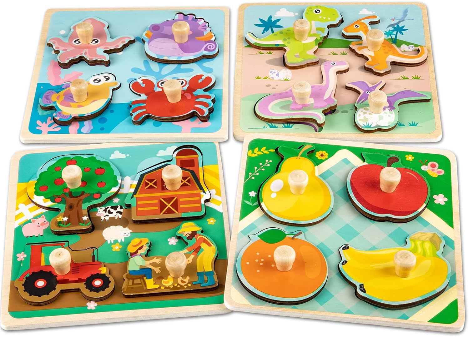 Funsland Wooden Puzzles Jigsaw for 1 Year Old, 4 Pcs Toddler Peg Puzzles Animal, Baby Montessori Wooden Toys, Infant Kid Fine Motor Skill Learning Educational Toys Gifts for 1 2 3 Years Old