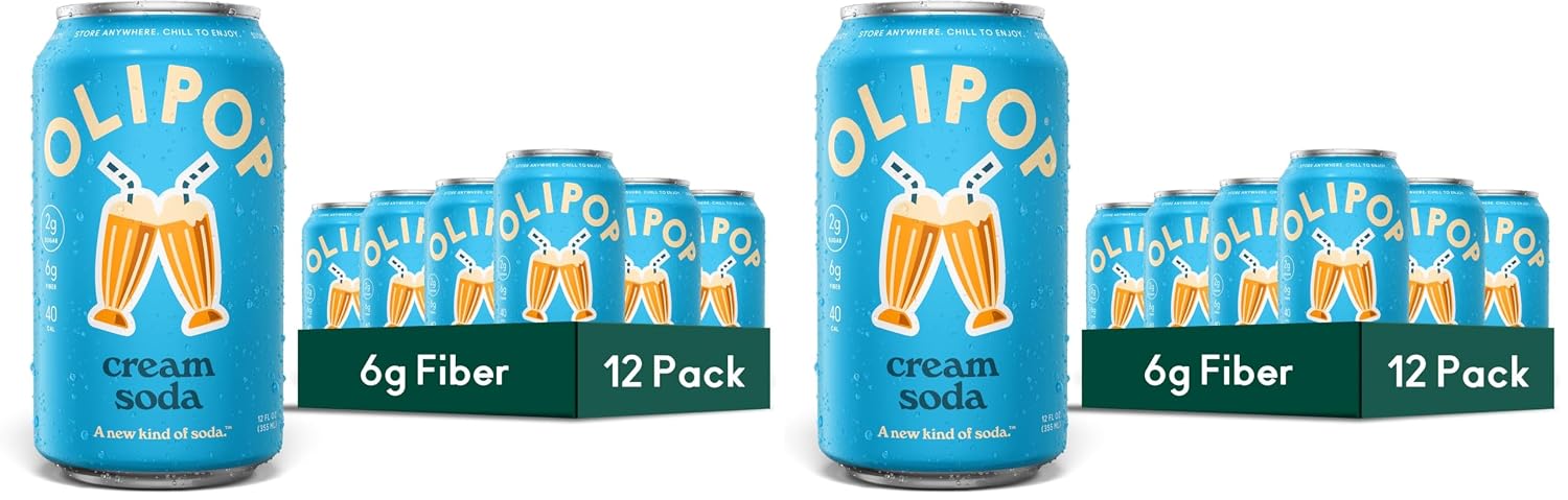 OLIPOP Prebiotic Soda Pop,Cream Soda,Pantry Pack Packed with Prebiotics,Fiber,and Botanicals,Gluten Free,Vegan,GMO Free,12oz,(Pack of 24)