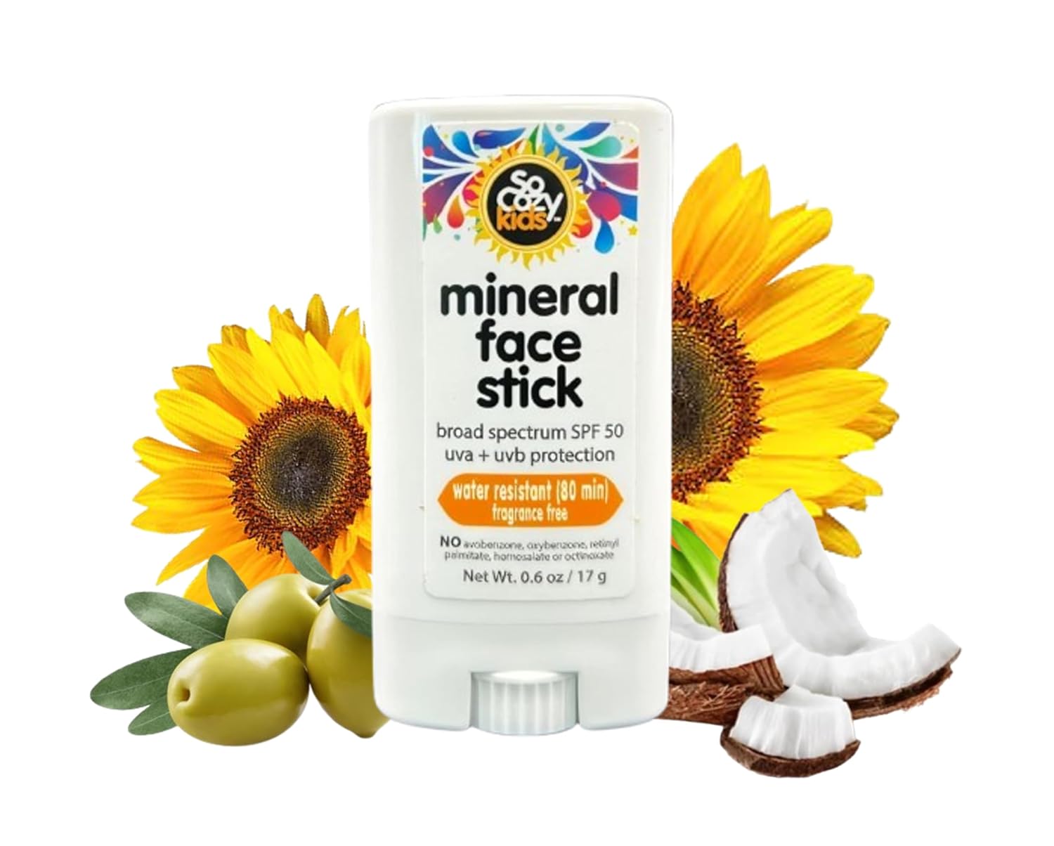 SoCozy Sunscreen Stick, Kids SPF 50 Mineral Sunscreen for Face & Body, 0.6 oz, Water Resistant Sun Protection, Broad Spectrum UVA + UVB Gentle Sun Block Stick