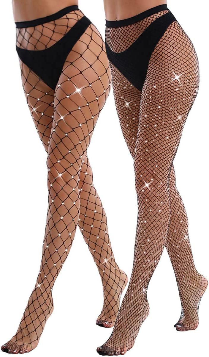VEBZIN 2 Pack Sparkly Large And Medium Mesh Fishnet Tights For Women Glitter Rhinestone Fishnets Stockings