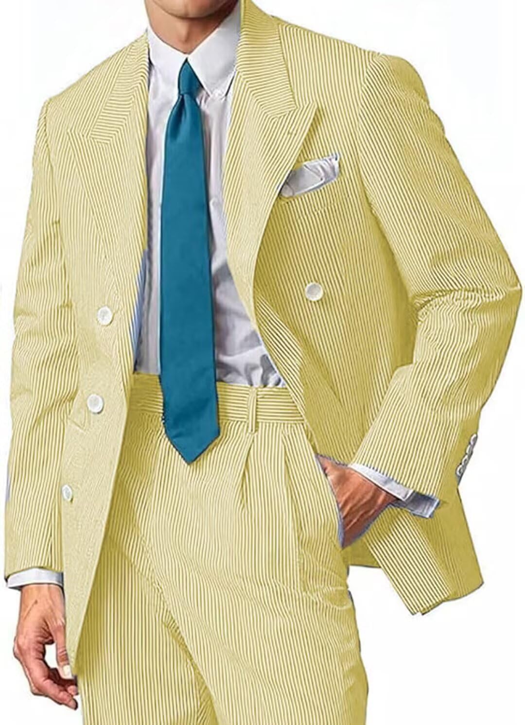 Mens Suit Summer Seersucker 2 Piece Double Breasted Buckle Striped Tuxedos for Men Wedding Suits Beach Party