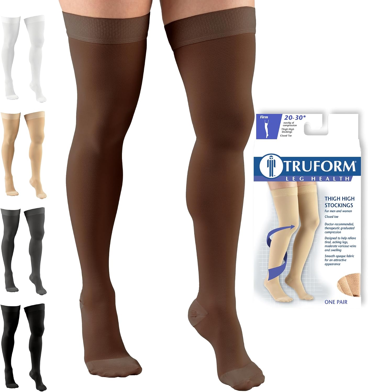 Truform 20-30 mmHg Compression Stockings for Men and Women, Thigh High Length, Dot Top, Closed Toe, Brown, Large