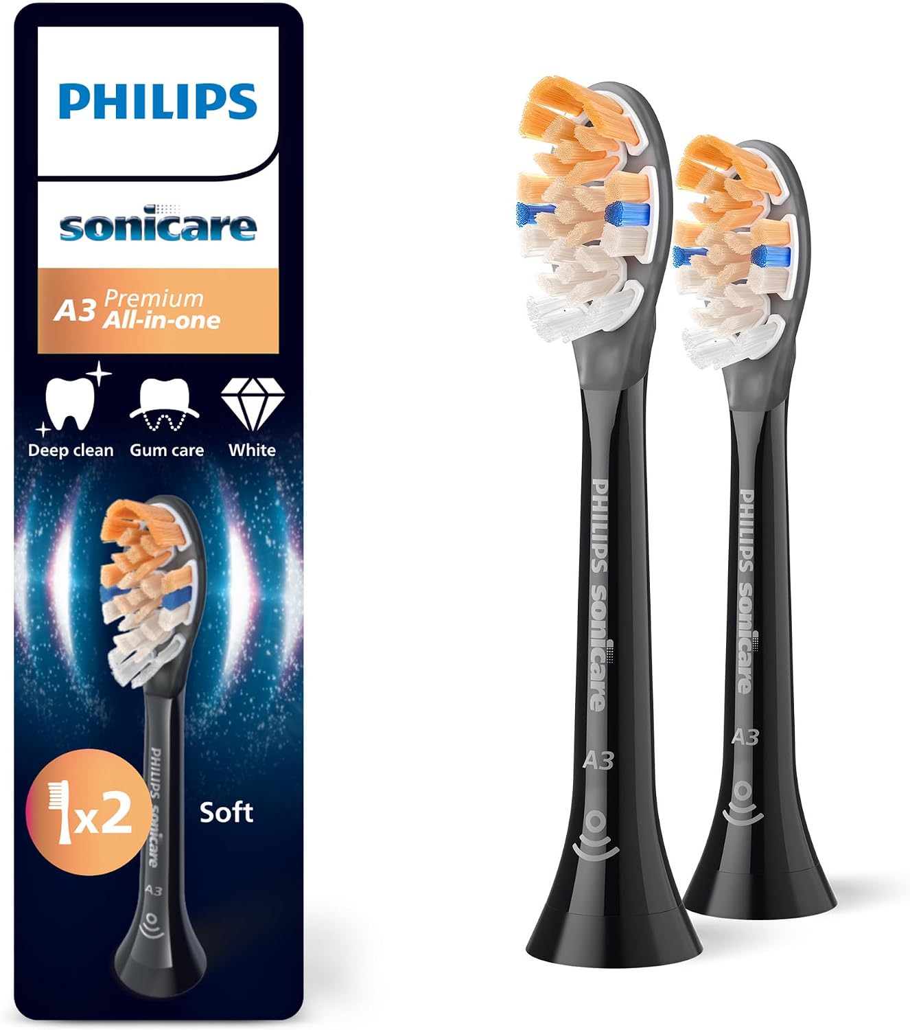 Philips Sonicare A3 Premium All-in-One, Genuine Replacement Toothbrush Heads, Black, 2 Pack, HX9092/88
