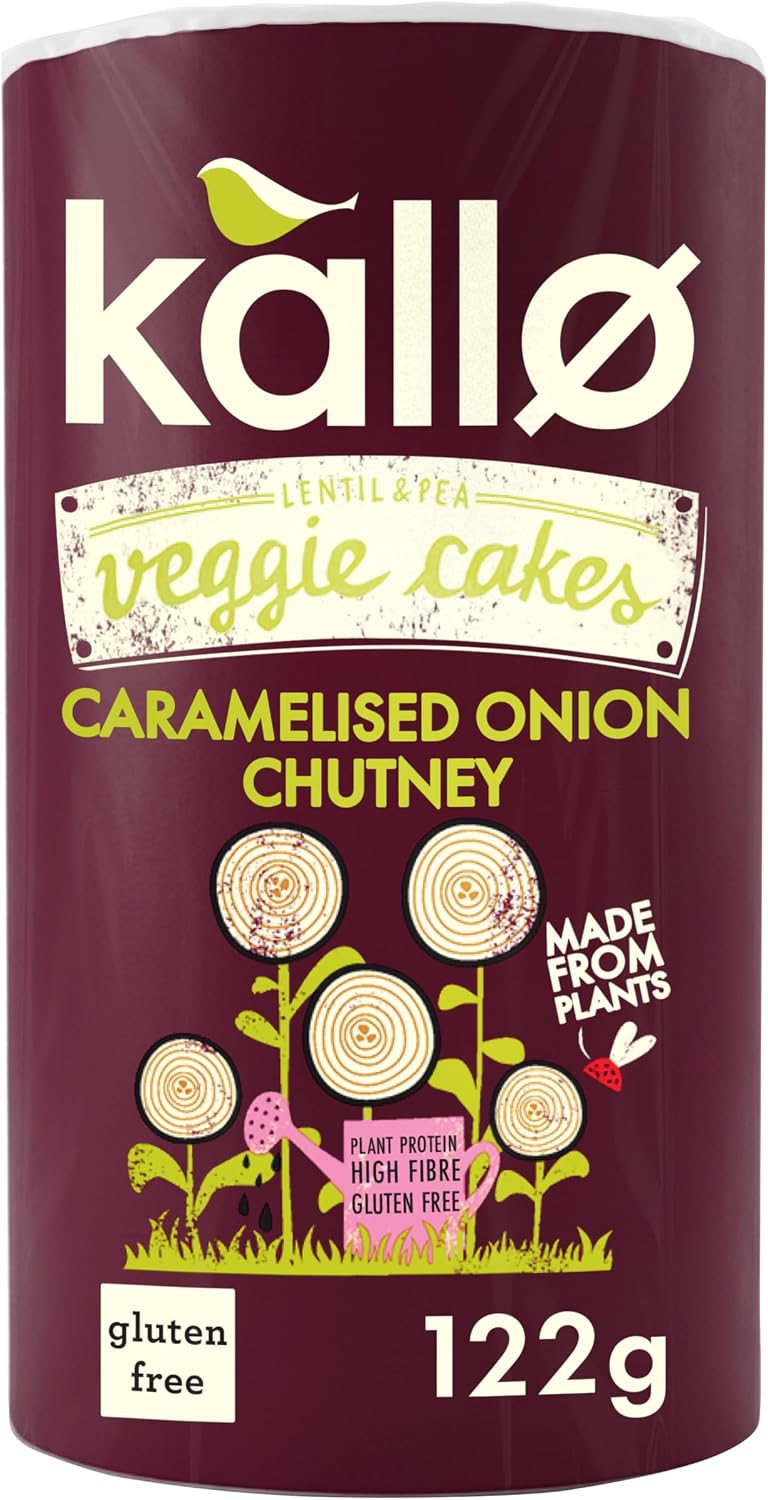 Kallo Caramelised Onion Veggie Cakes, Made From Plants, High in Protein and Fibre Low Fat Healthy Snacks, Vegan Friendly, Gluten Free, No Artificial Flavours, Single Pack – 6 x 122g