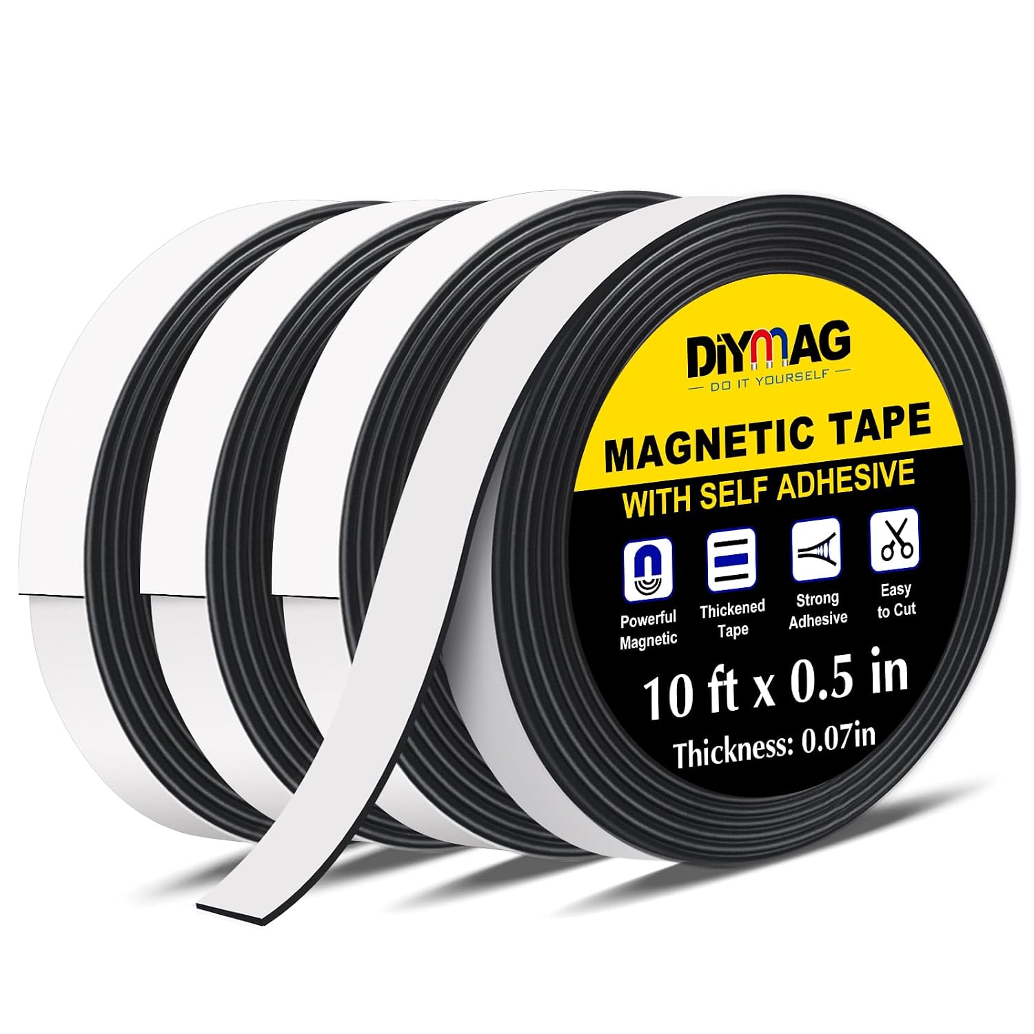 DIYMAG Magnetic Tape, 10 Feet x 1/2 Inch 4 Rolls Strong Magnetic Strip with Self Adhesive Flexible Magnet Tape Roll for Lightweight Craft, DIY Projects, Whiteboards and Fridge Organization