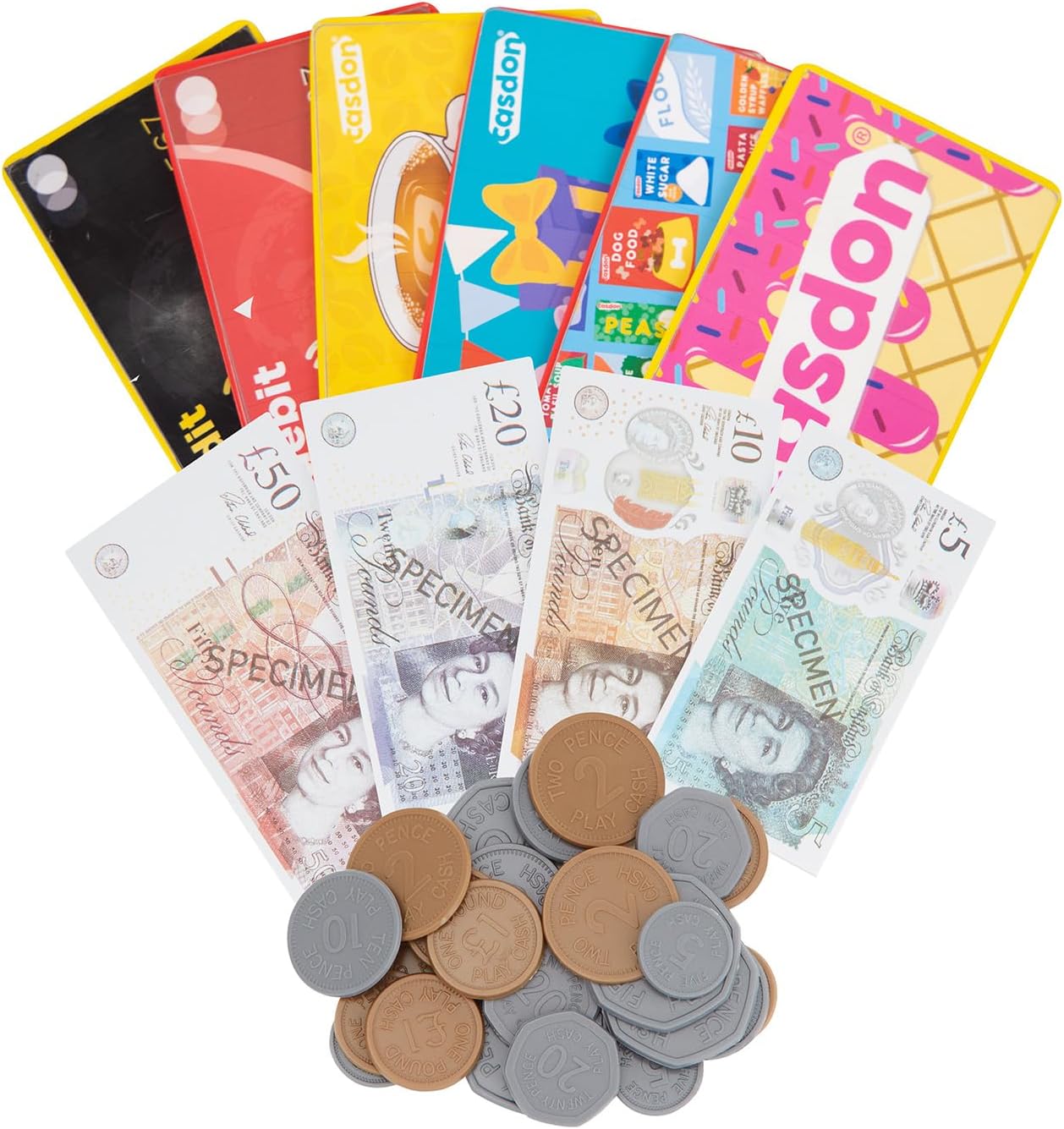 Casdon Play Money & Pretend Play Cards Set (£) | Complete Financial Toy Kit | Includes 80 Play Notes Age 3+ and 40 Coins | Perfect for Kids 3+!, Gbp