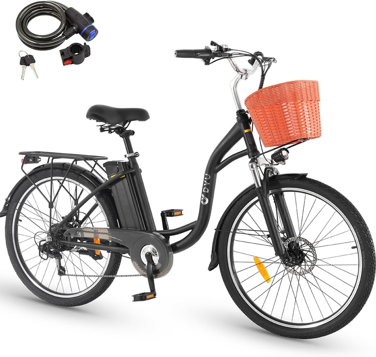 DYU Electric Bike for Adults, 26" Electric Bicycle, 36V 12.5AH Removable Battery, 250W Brushless Motor Ebike,65KM Range City Urben E-Bike with Basket, shock absorption, 7-Speed, Unisex Adults