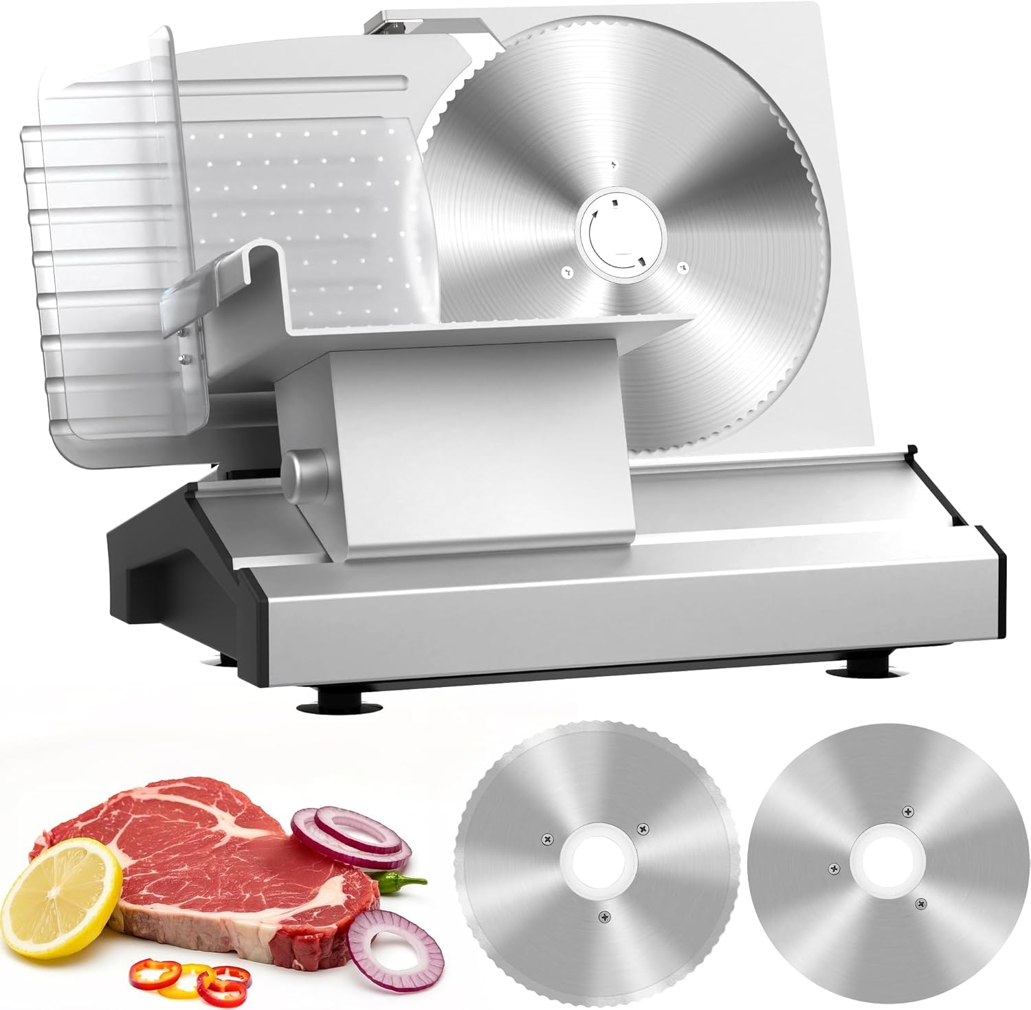 Meat Slicer Machine for Home, 250W Bread Slicer with 2 x 22cm Stainless Steel Blades, 0-20mm Adjustable Thickness, Non-Slip Electric Slicers with Food Pusher for Meat, Cheese, Bread, Deli