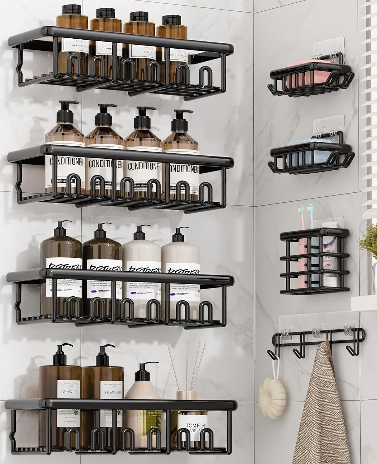8 Pack Adhesive Rustproof Shower Caddy with Soap Dishes, Toothbrush Holder & Hooks, Large Capacity No-Drilling Shower Shelves Rack for Bathroom Organizers and Storage Accessories, Black