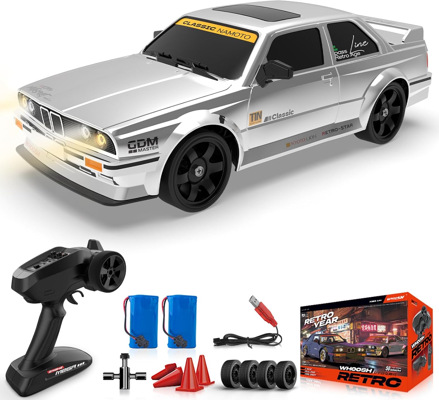 RC Drift Car 1:16 4WD 2.4GHz Remote Control Drift Cars with Gyro 50km/H High Speed Full Proportion RC Car with LED Lights, Drifting Tires ESP Race Cars Toy for Adults Boys Girls Kids, White