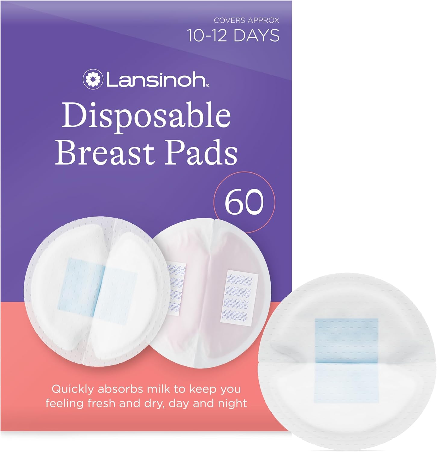 Lansinoh Disposable Breast Pads Pack of 60 for nursing breastfeeding mothers, essential for hospital bag, thin super absorbent layers, discreet fit