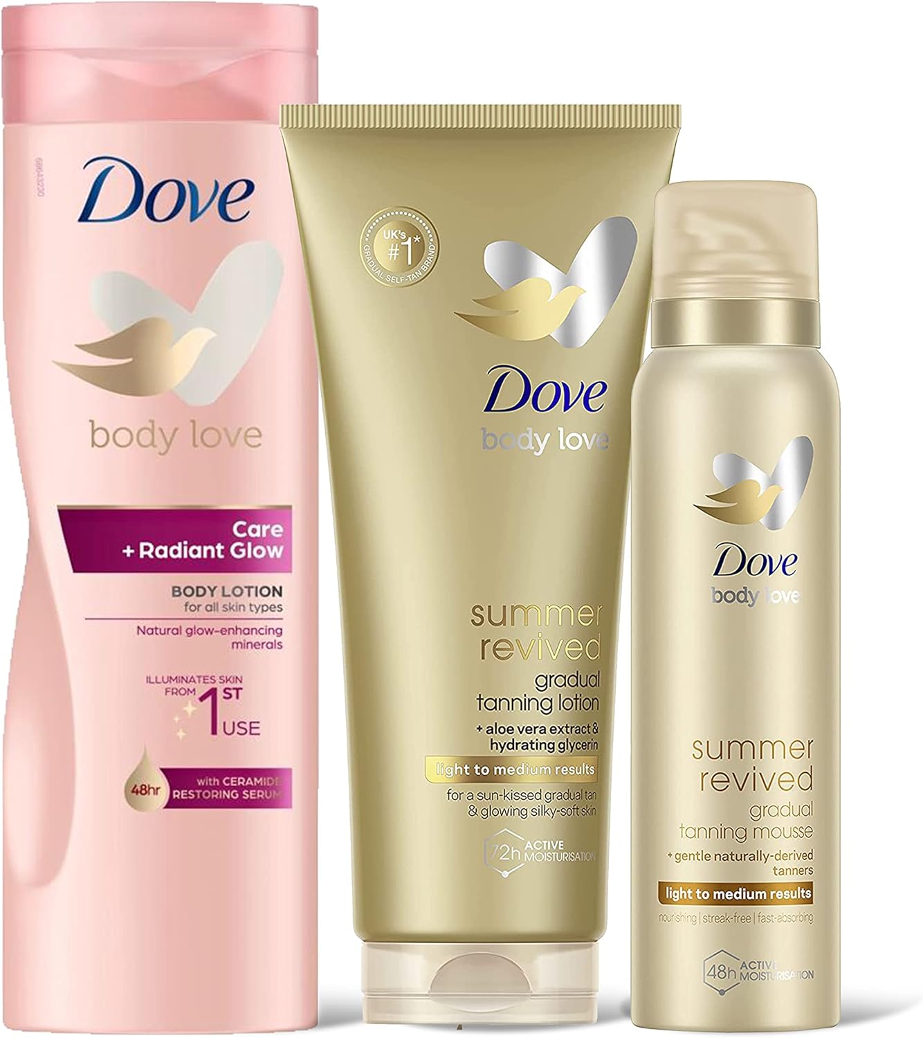 Dove Derma Spa Summer Revived Fair to Medium Self Tanning Body Lotion, DermaSpa Summer Revived Fair to Medium Gradual Self-tan Body Mousse & Dove Skin Glow Oil-in-Milk Body Lotion Tan and Maintain