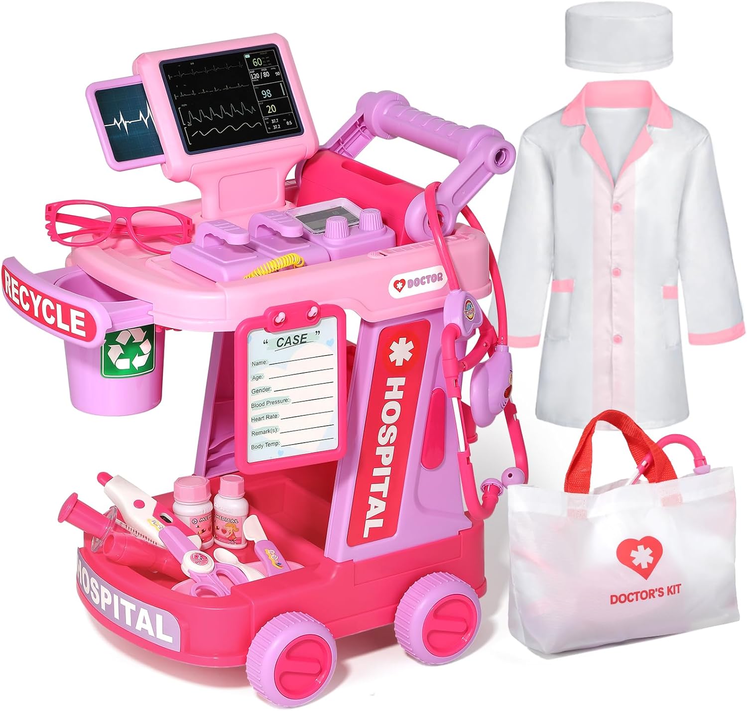 Doctor Kit for Toddlers Aged 3 4 5, Medical Pretend Play Set for Kids with Bag and Costume, Doctor Cart Toy for Girls Boys Birthday Gift (Pink)