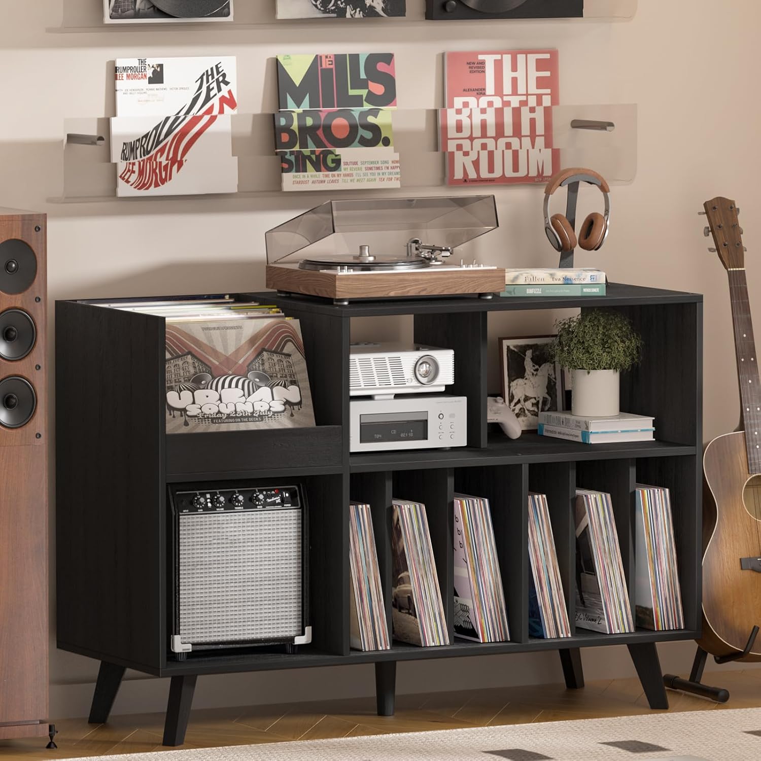 LELELINKY Large Record Player Stand, Turntable Stand with Storage, Vinyl Record Holder with Display Area, Record Player Table Holds Up to 450 Albums, Record Stand for Music Room Living Room