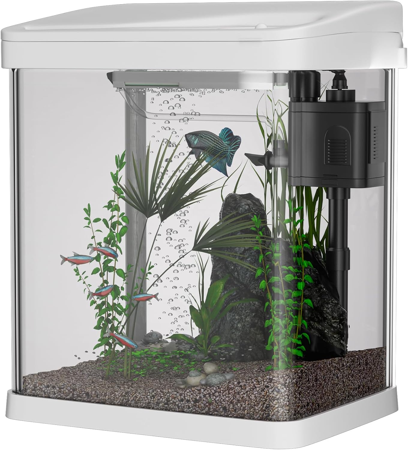 Fish Tank, 9L Small Glass Aquarium with Filter System, LED Lights, Water Pump, Fish Tank for Goldfish, Mini Fish, Shrimps, White