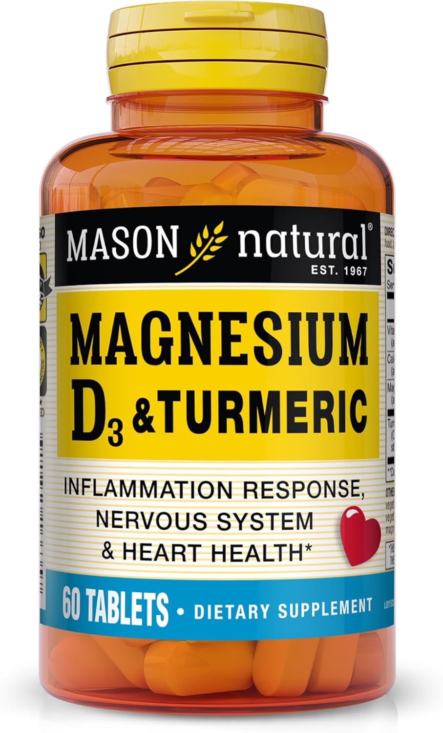 MASON NATURAL Magnesium & Vitamin D3 with Turmeric, 60 Day Supply Dietary Supplement with 500 mg Magnesium, 3000 IU Vitamin D3, and 150 mg Turmeric