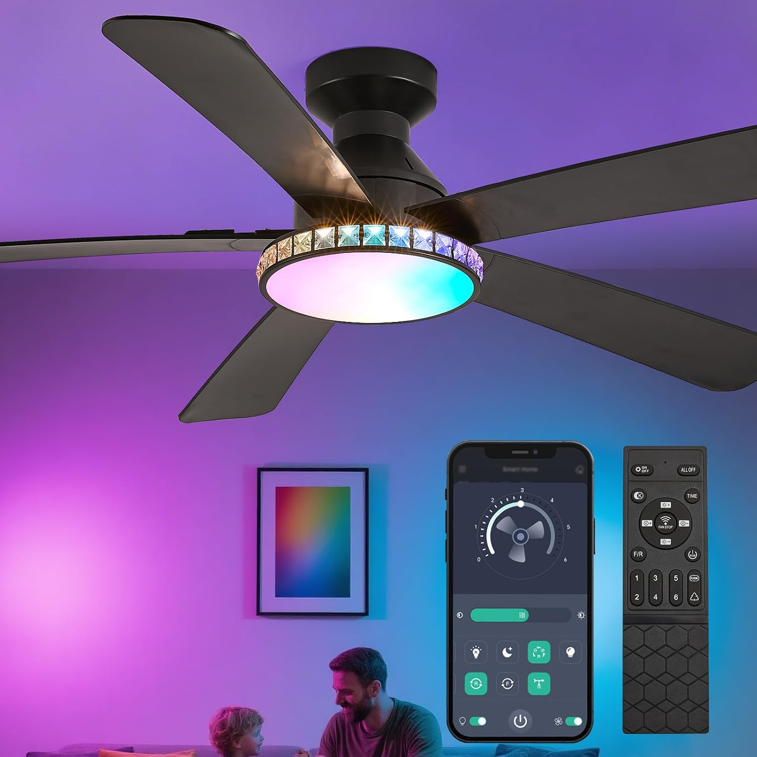 52“ Flush Mount Crystal Ceiling Fan with RGB Lights, Black