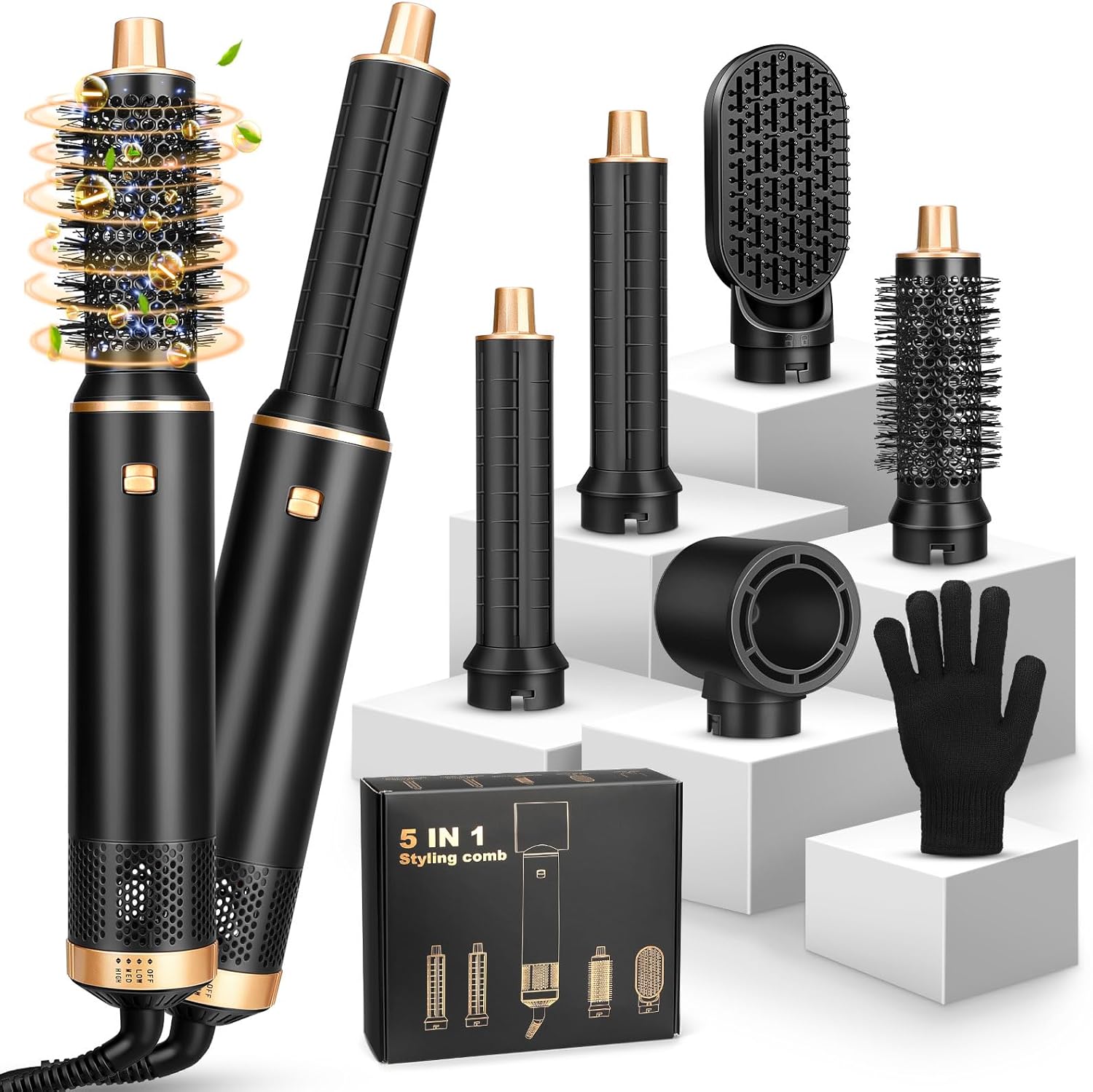 Hair Styler 5 in 1, Black Hot Air Stylers Hair Dryer Set-with Curlers, Straighten, Volumise and Hairdryer Brushes for Styling, for All Hair Types Negative Ion Hair Care Airflow