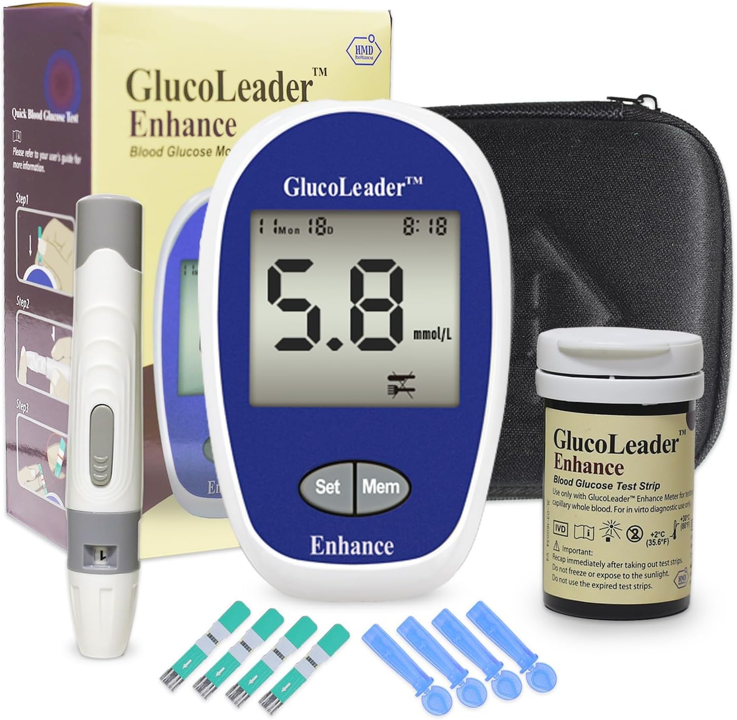 GlucoLeader Enhance Blood Sugar Monitor with 10 Test Strips and Lancets CE & ISO Certified UK - 800 Memory Diabetes Testing Kit in mmol/L - Blood Glucose Monitor Home Sugar test Kit (Made In Taiwan)