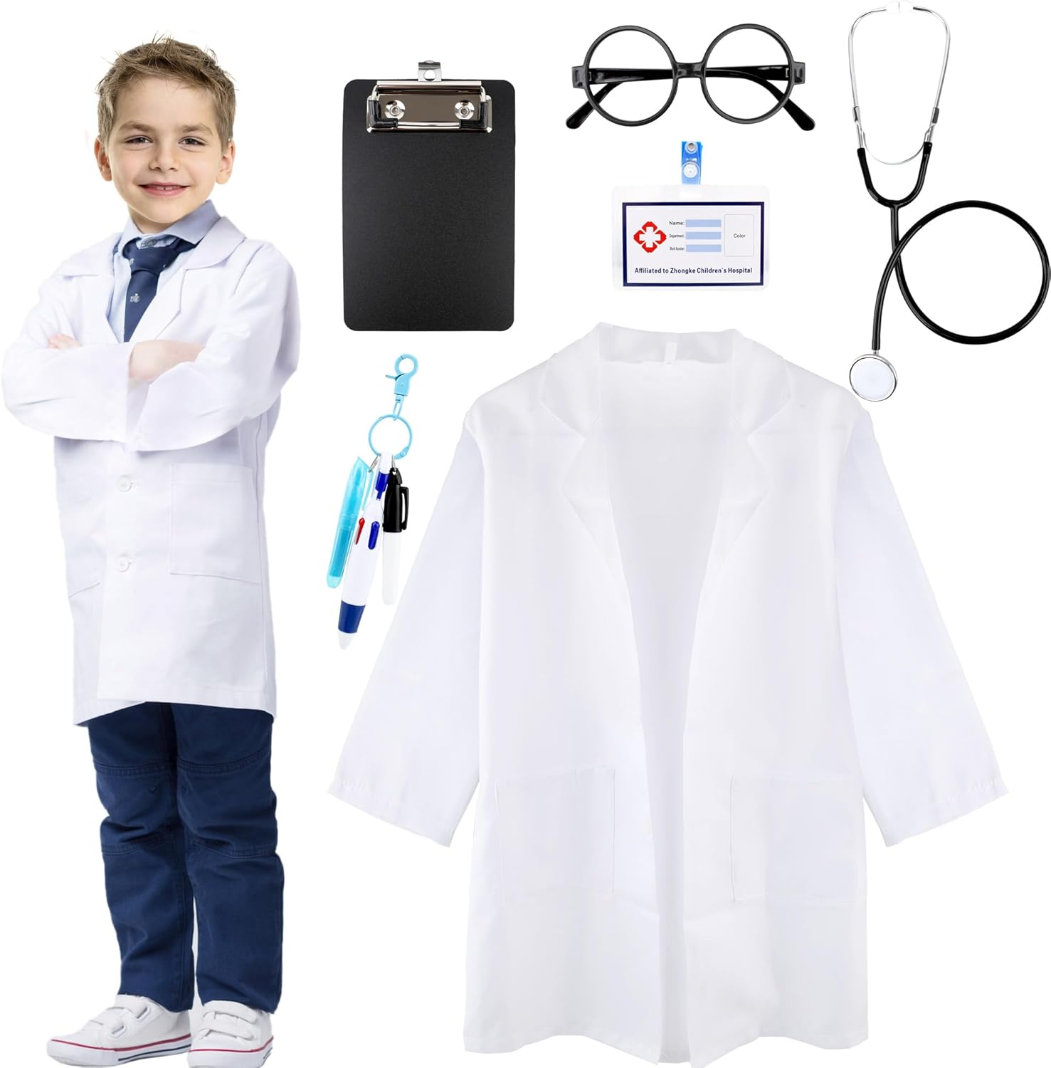 6 Pack Kids Doctor Costume Set White Lab Coat Stethoscope ID Card with Doctor Dress Up Props for Girls Boys Halloween Birthday Career Day Pretend Party Supplies
