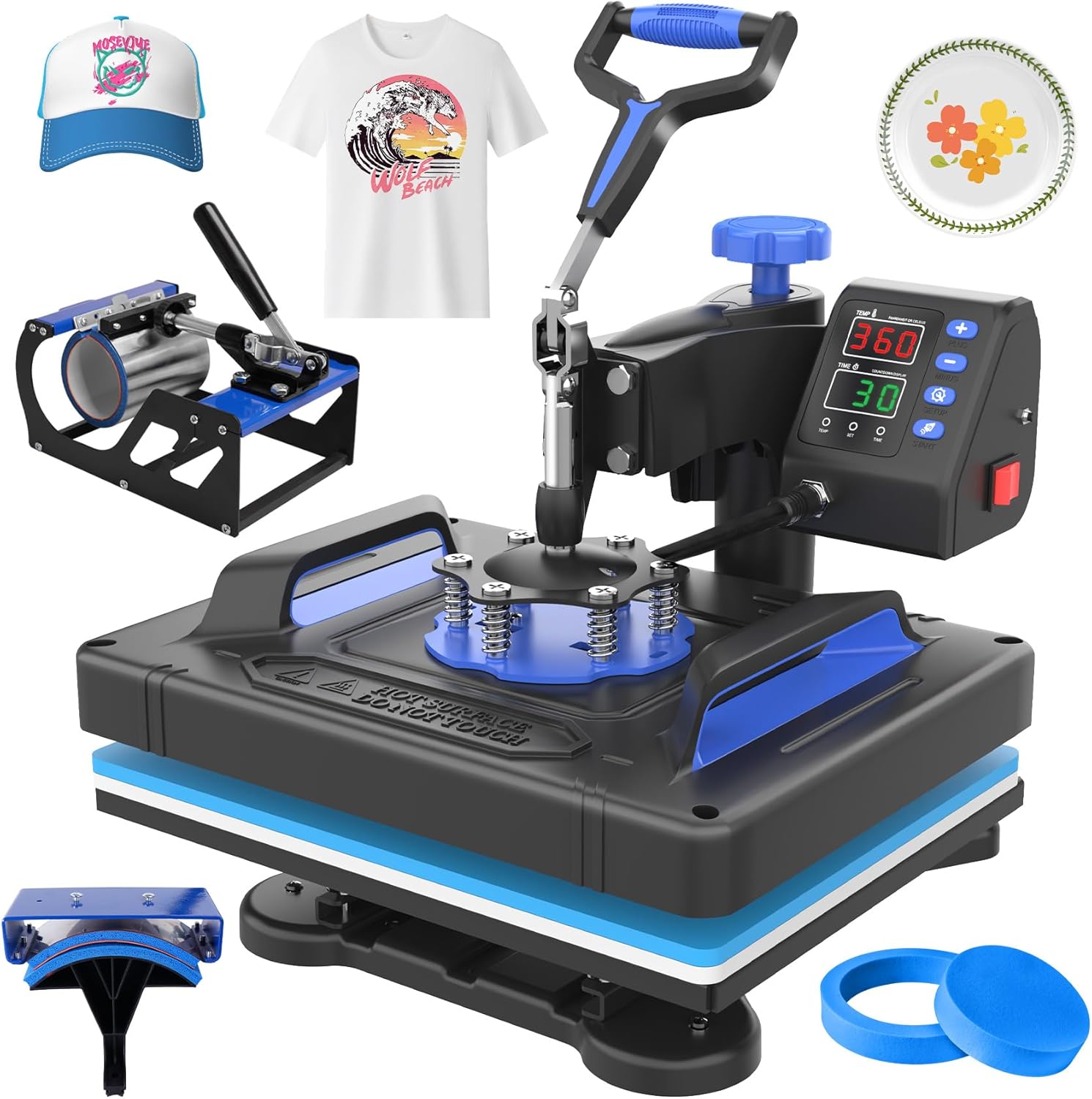 Seeutek 5 in 1 Heat Press Machine 12x15 inch Heat Press Machine with 360 Degree Swing Away T Shirt Pressing Machine, Heat Transfer Sublimation Combo for T Shirts Mugs Hat Plate Cap-Blue