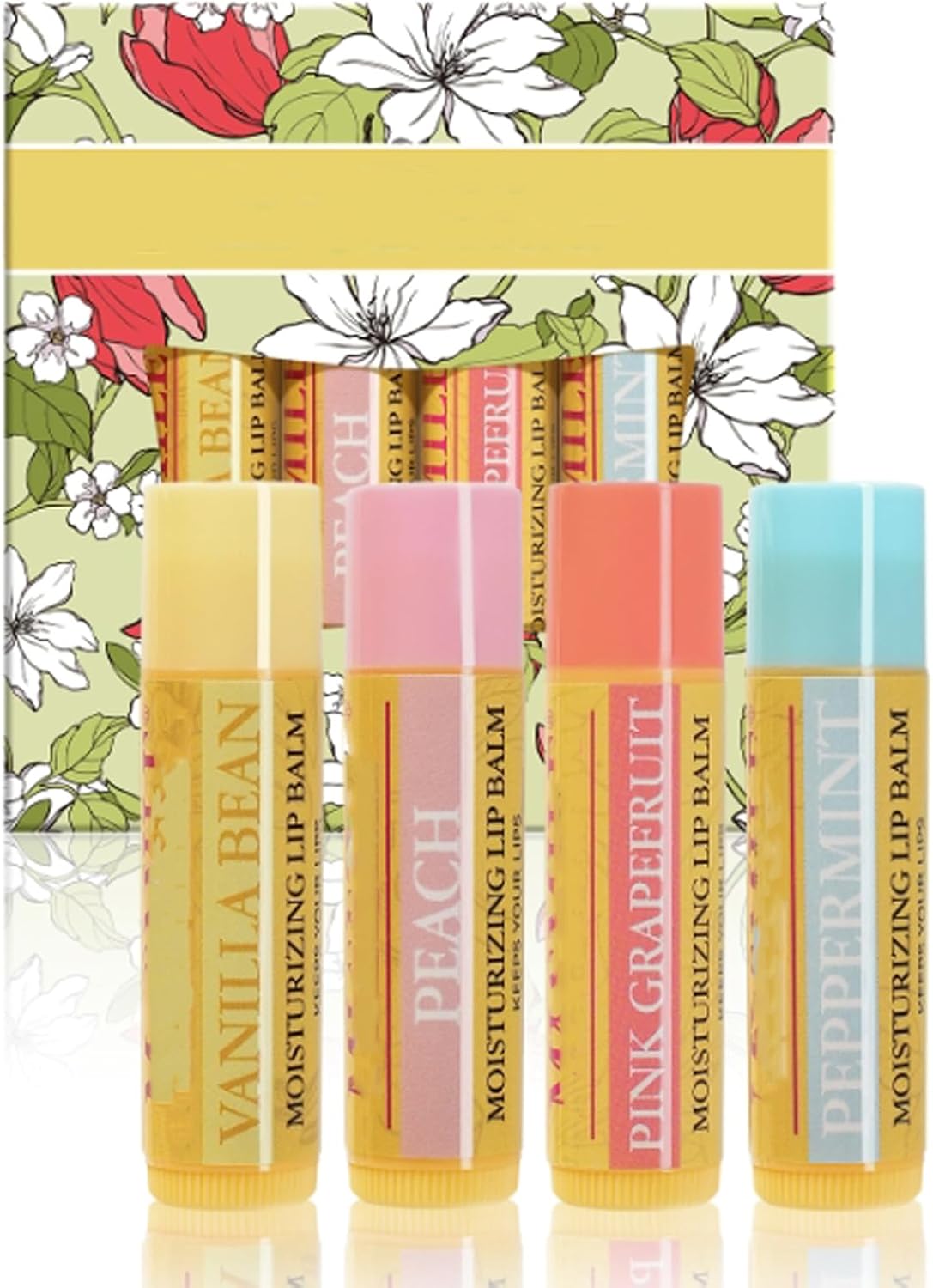 Lip Balm Gift Set - 4Pcs Moisturising Lip Balm Set - Natural Formula Lip balm Multipack for Dry Lips - Peppermint,Peach,Pink Grapefruit Flavors Lip-Mask lip Moisturizer, Daily Lip Care