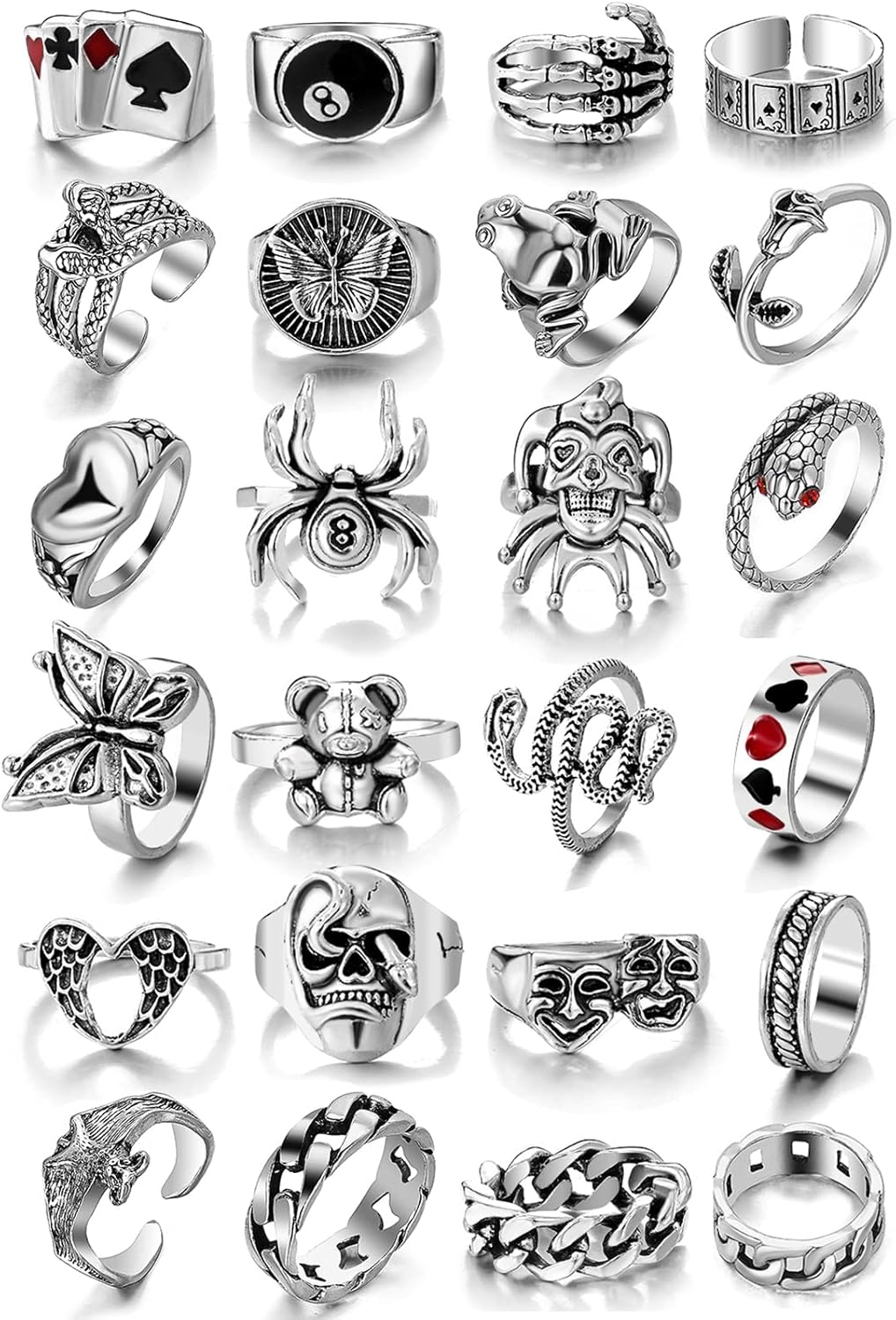 KISS WIFE Cool Rings Set for Women, Vintage Silver Punk Rings Bulk, Gothic Chunky Knuckle Emo Stackable Finger Ring Pack (Gothic)