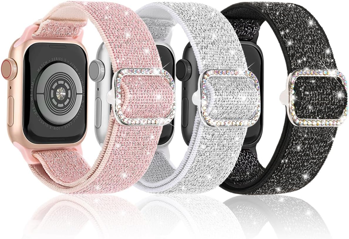 Stretchy Bling Band Compatible with Apple Watch 38mm 40mm 41mm 42mm 44mm 45mm 46mm 49mm Women, Nylon Sparkly Strap Solo Loop Glitter Wristband for iWatch Series 10 9 8 7 6 5 4 3 2 1 SE Ultra