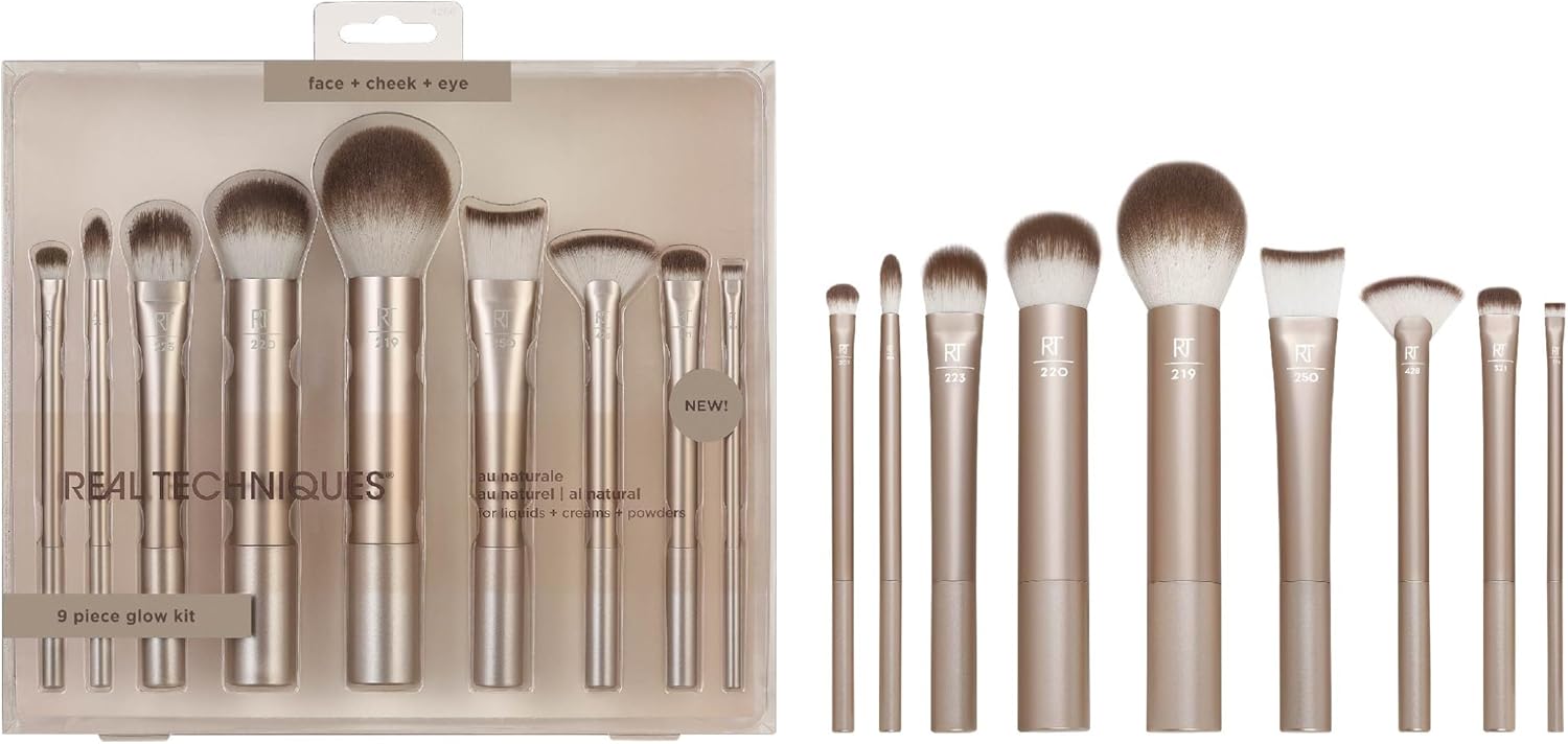 REAL TECHNIQUES Au Naturale Makeup Brush Kit, For Foundation, Powders, and Concealers, Premium Quality Face Brushes, 9 Piece Set, Gold