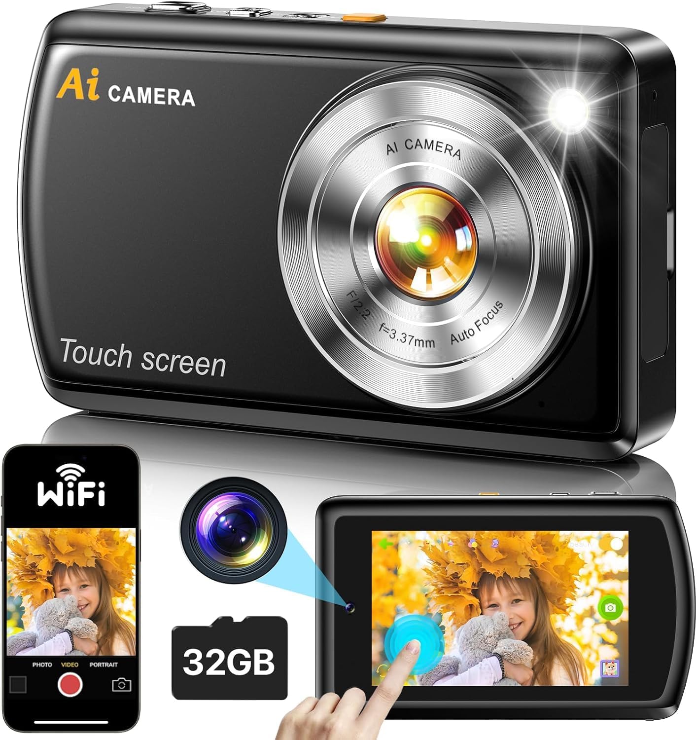 AI Digital Camera, AI Camera Recognizes Everything, Cameras for Photography with WiFi, Vlogging Camera for Kids with Dual Lens 3.6" IPS Touch Screen, Creative Doodle with 32 GB Card for Teens, Kids