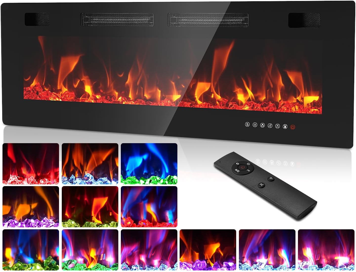 ONBRILL 50” Electric Fireplace Insert, Ultra Slim Fireplace with 2 Heat Fans, 750/1500W Recessed Fire Place with 12 Flame Color, Touch Screen and Remote Control