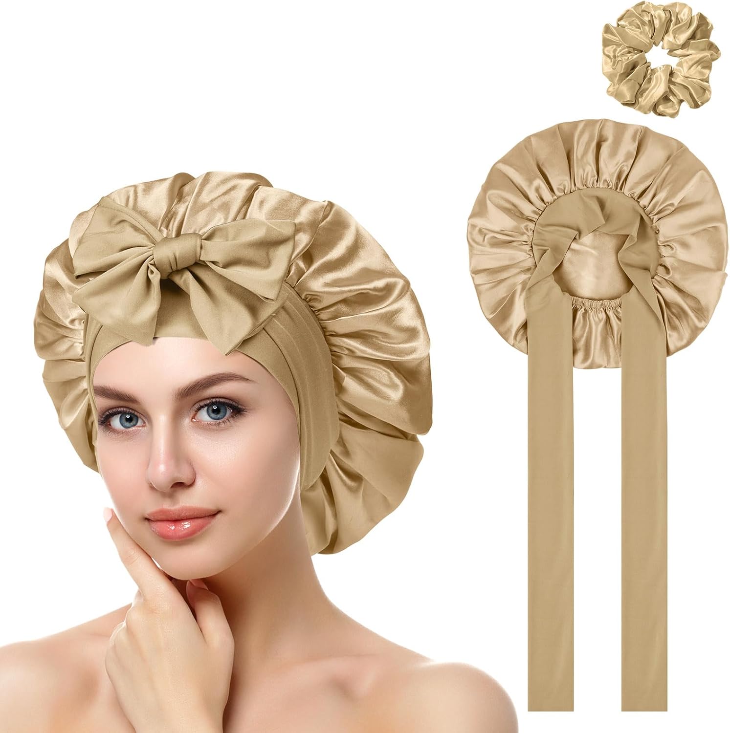 ACWOO Satin Bonnet, Soft Silk Bonnet Hair Wrap for Sleeping, Night Hair Sleep Cap with Elastic Band, Hair Bonnet for Bath, Hair Care Head Cover Hat for Women Girls Long, Straight and Curly Hair