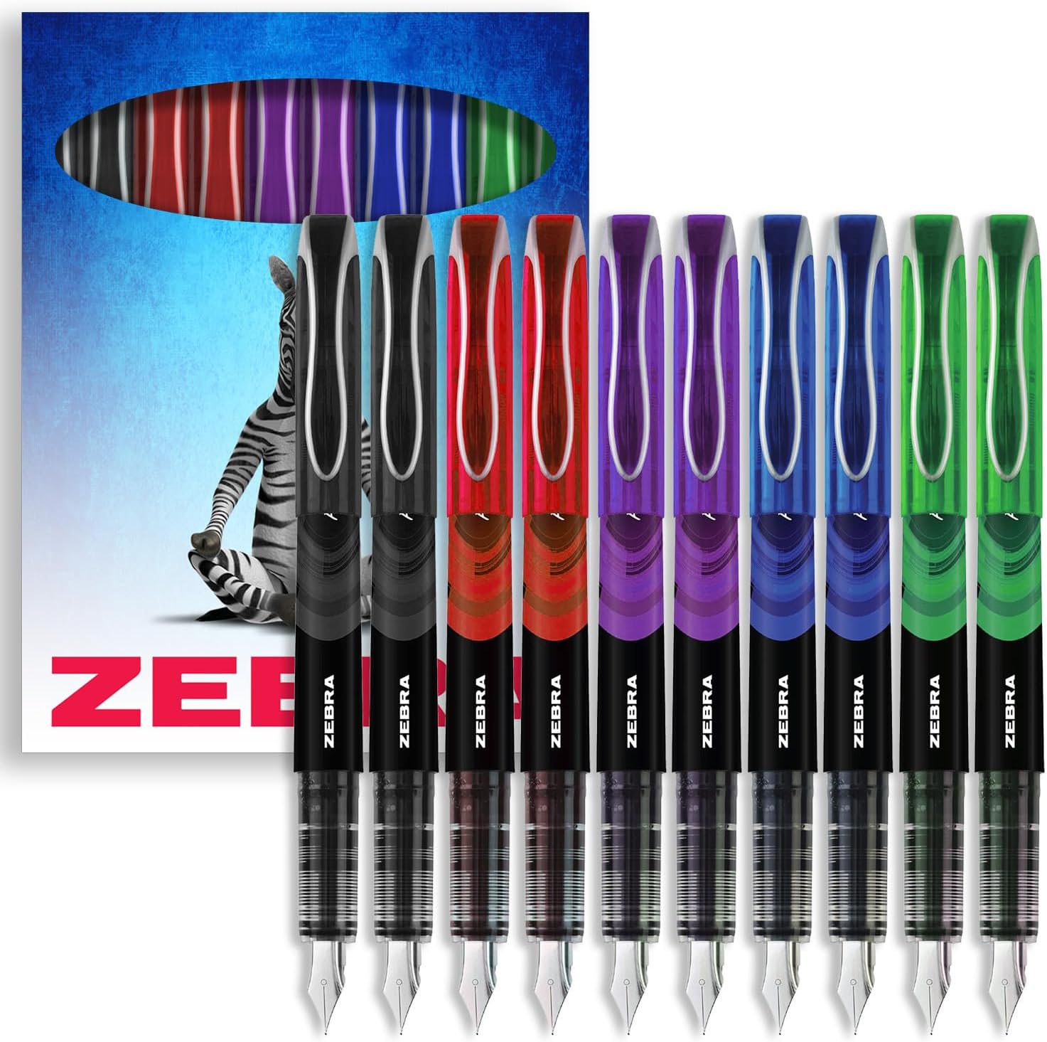 Zebra Fuente - Disposable Fountain Pen - Black, Blue, Red, Green & Violet Coloured Ink - Pack of 10 - In Gift Box