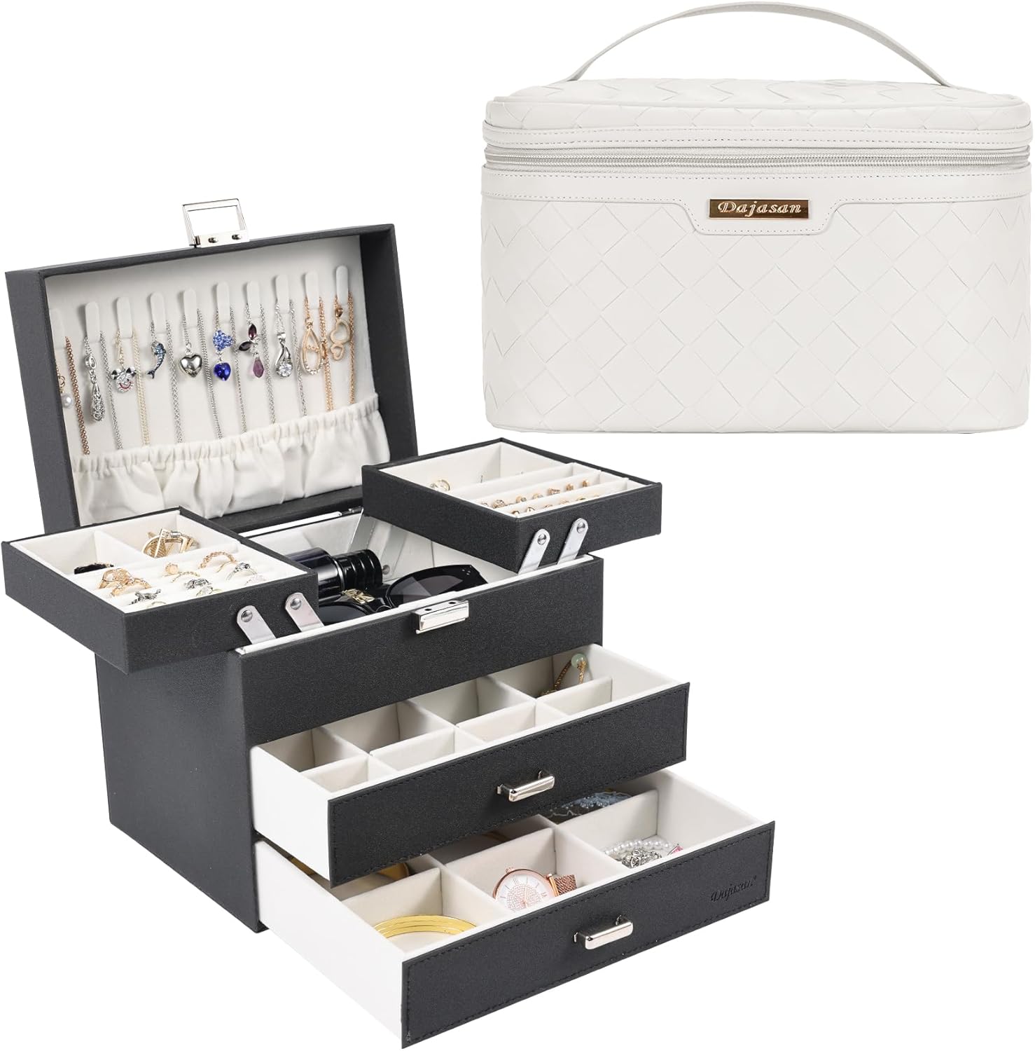 Dajasan 4-Layer Large Jewelry Box + Large Capacity Makeup Bag