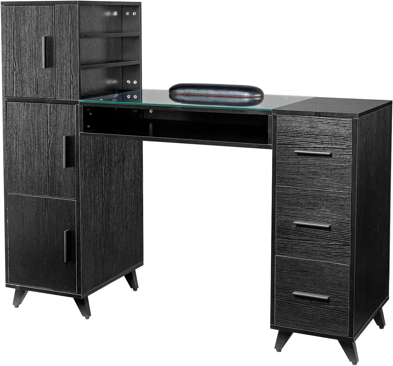 OmySalon Manicure Table Nail Desk for Nail Tech w/Glass Top & Wrist Rest, Beauty Salon Nail Supplies Decor Workstation Acetone Resistant w/3 Side Cabinet+3 Drawers+3 Layers Open Cabinet+1 Open Drawer
