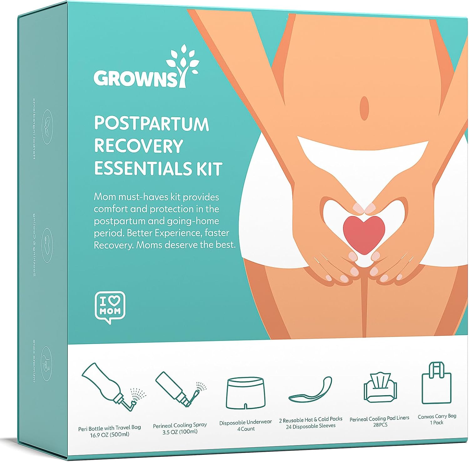 Grownsy Postpartum Essentials Recovery Kit for Labor & Delivery | Postpartum Kit for Women | Includes Upside Down Peri Bottle, Perineal Spray, Cooling Pad Liners, Ice Packs & Disposable Underwear