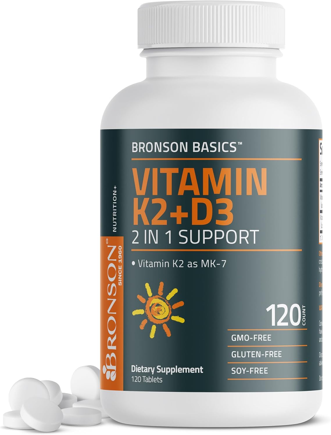 Bronson Vitamin K2 D3 (MK7) Supplement 2-in-1 D3 & K2 Complex, 120 Tablets