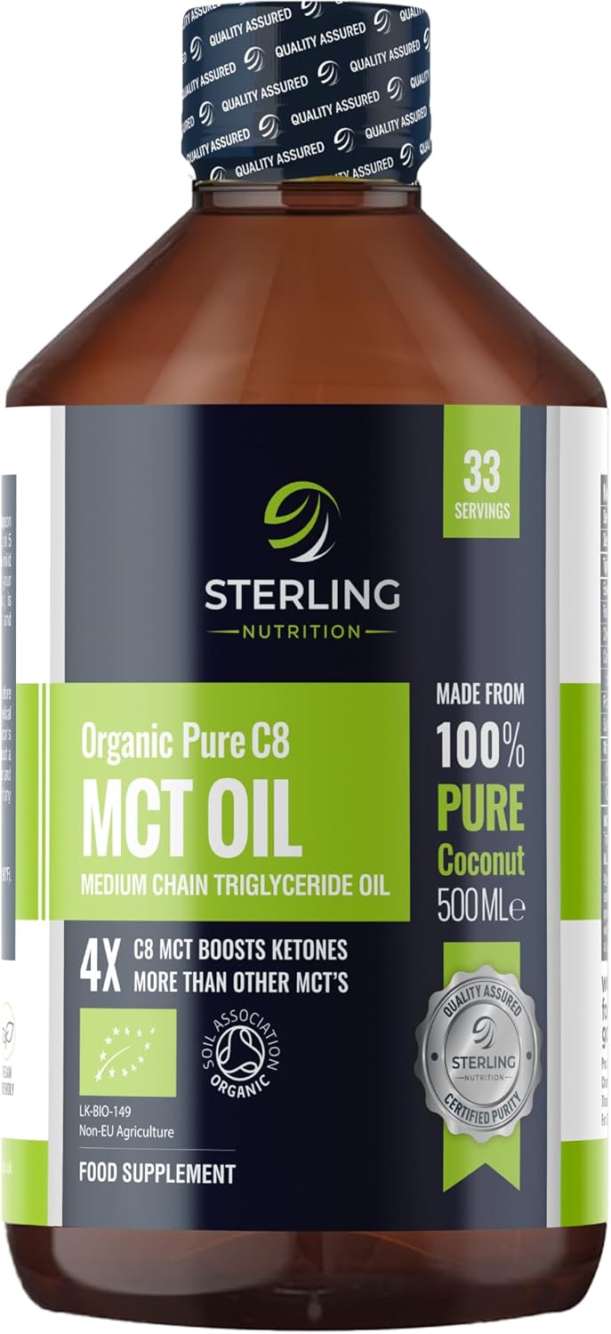 Pure Organic C8 MCT Oil - 500ml | 4X Ketones & Quick Conversion Support Keto Diet & Fasting | 100% Sustainable Coconuts | Safe & Premium Lab Tested | Vegan Friendly & Gluten-Free | STERLING NUTRITION