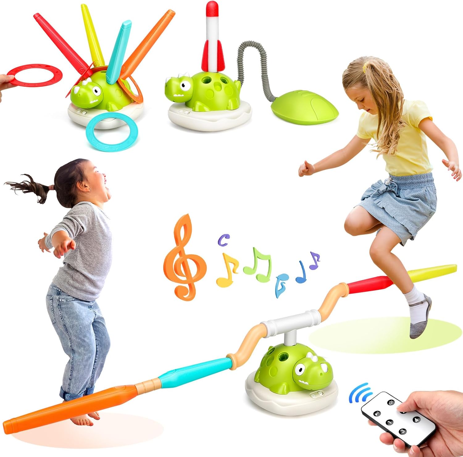 Fuutilake 3 in 1 Outdoor Toy for Children, Ring Toss Game Toys/Rope Jump Machine for Children/Foam Rocket Launcher, Sports & Outdoor Toy with Music, 4 Speeds, Remote Control for 3+ years