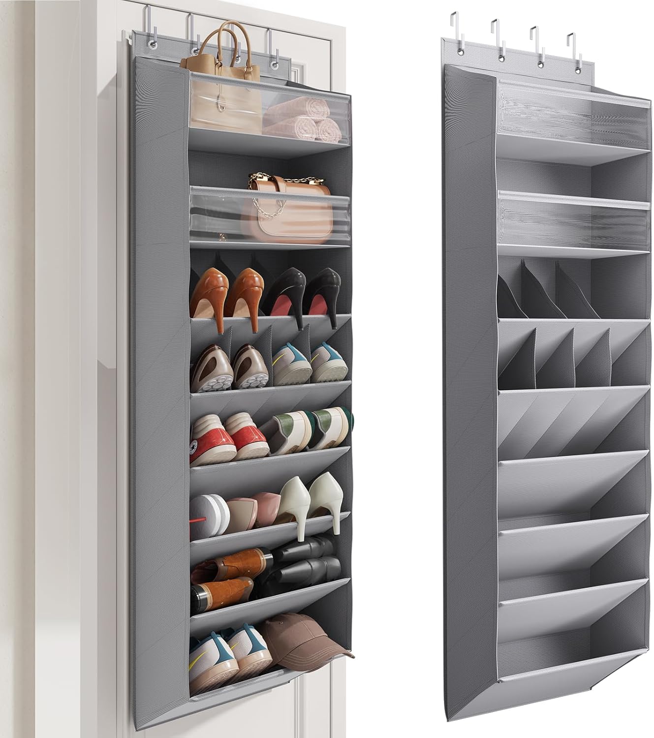 Over the Door Shoe Organizer, Hanging Shoe Organizers with 8 Tier Large Deep Pockets, Hanging Organization for Closet Shoe Organizer for Wall, Grey Shoe Holder 1 Pack ﻿